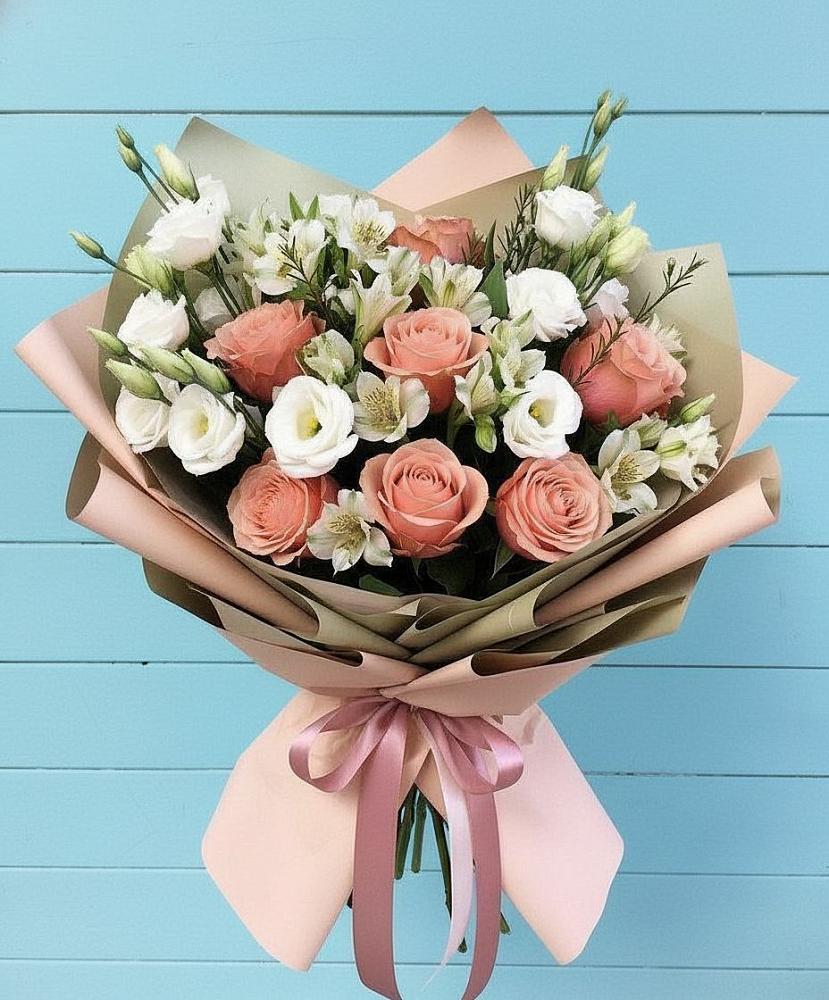 Букет цветов из: Розы, Альстромерии и Лизиантусы в Толстово-Васюковском