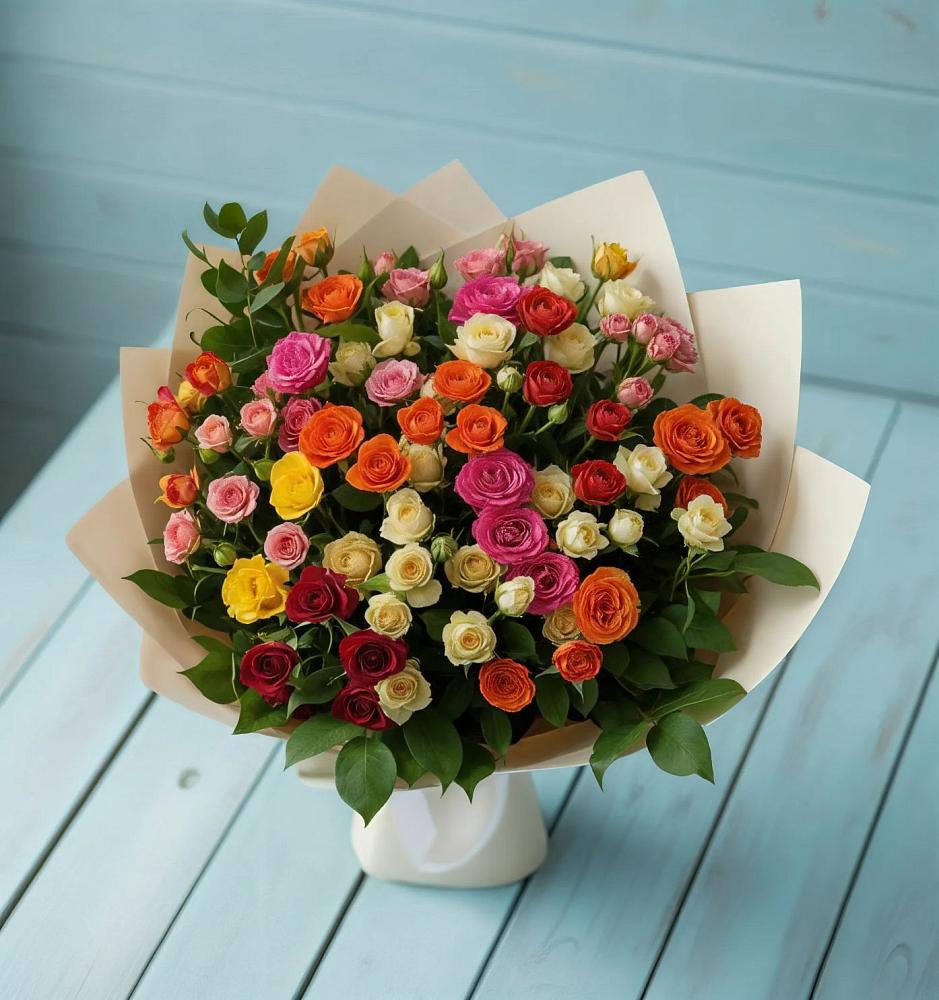 Букет Микс из разноцветных кустовых роз в Толстово-Васюковском