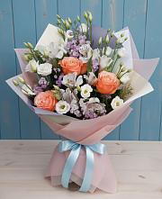 Букет цветов из:  Лизиантусы, Розы, Альстромерии и Гипсофила в Толстово-Васюковском