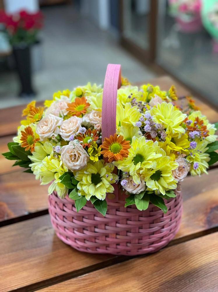 Цветочная композиция из Хризантемы и Розы в корзине в Толстово-Васюковском