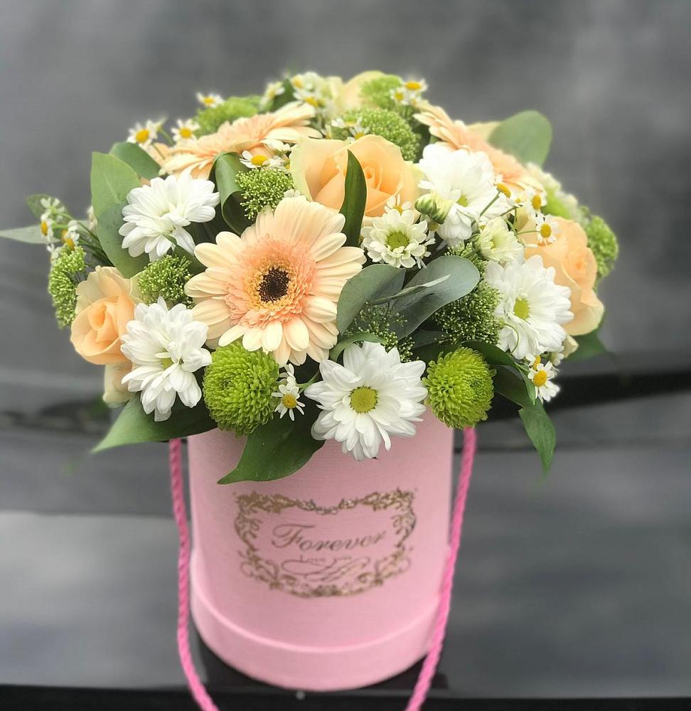 Цветочная композиция из Розы, Герберы и Хризантемы в шляпной коробке в Толстово-Васюковском